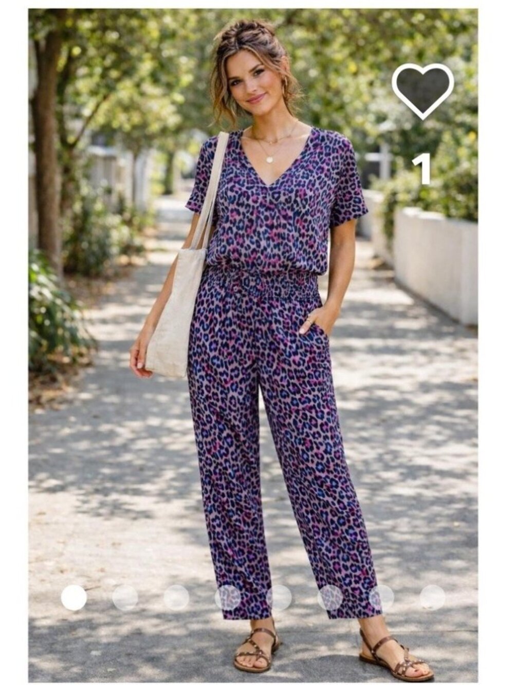 PACT Organic Cotton Leopard Print Jumpsuit M Pink Drawstring Wide Leg Animal